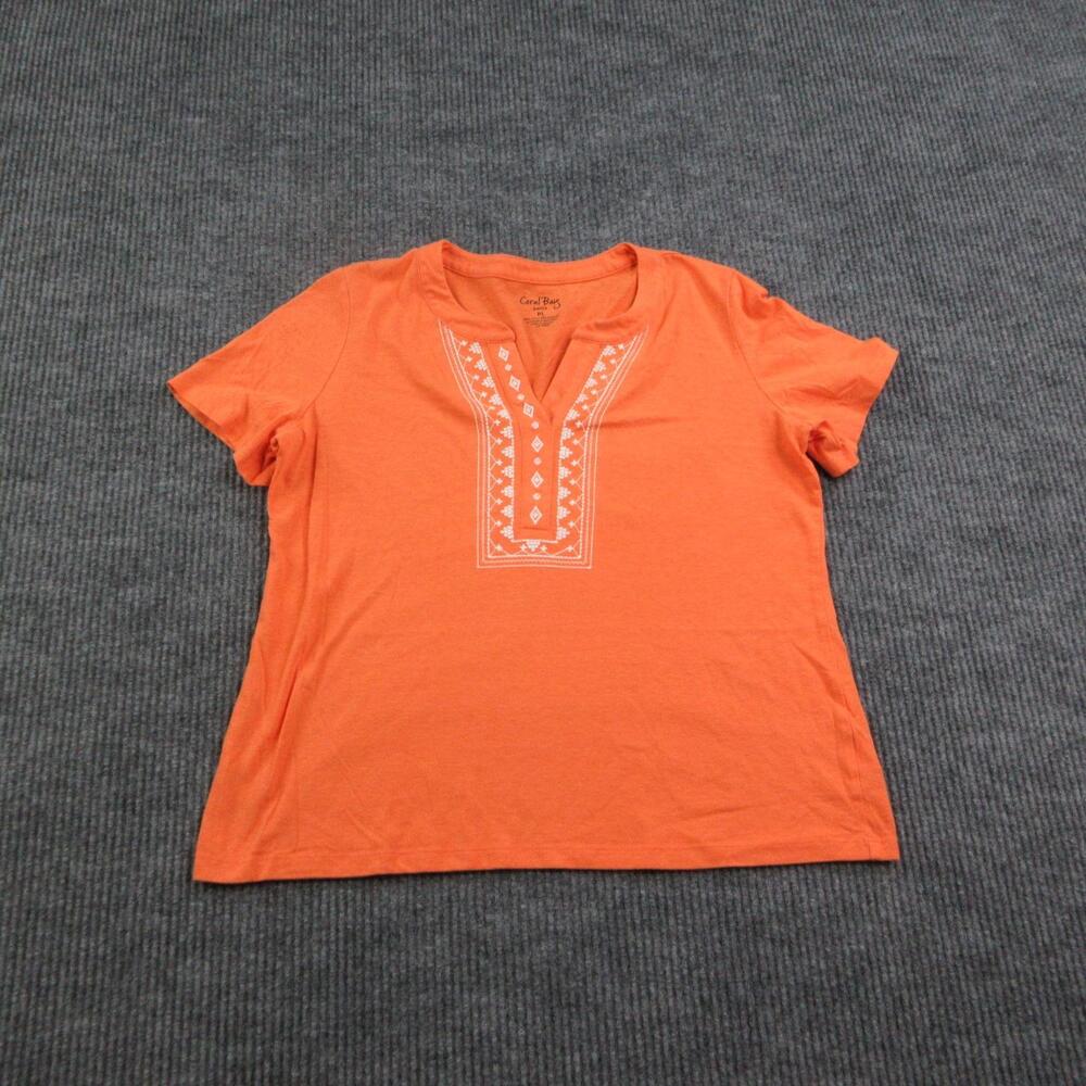Coral Bay Shirt Womens PL Orange V-Neck Short Sleeve Embroidered Graphic Tee